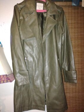 Bagatelle Olive Faux Leather Long Trench Coat